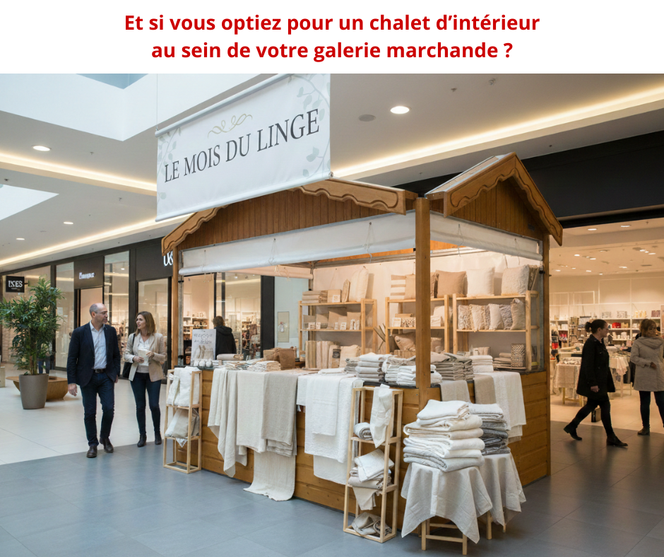 À l’occasion du mois blanc de janvier, misez sur un chalet d'intérieur pour mettre en valeur vos produits en promotion. Design épuré, installation rapide, espace chaleureux : votre solution pour attirer le regard et booster vos ventes !